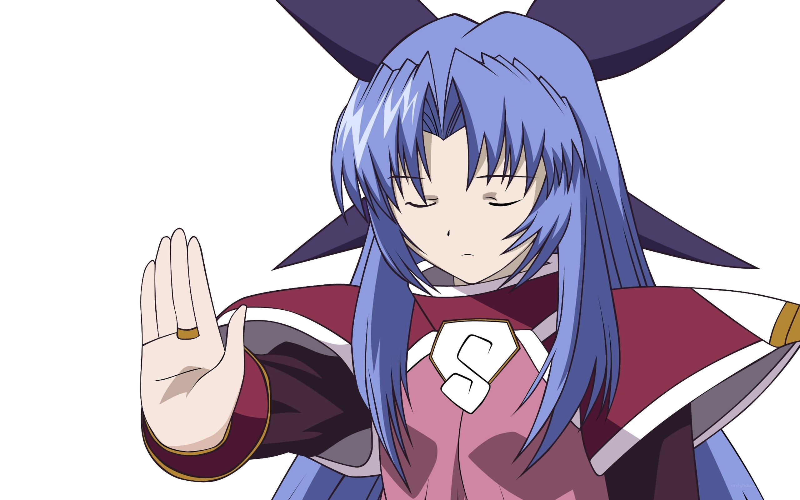 blue-haired anime character with hand up