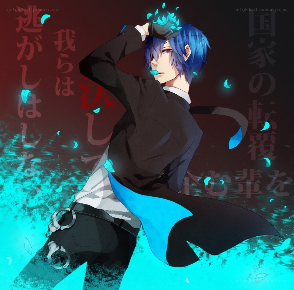 Blue-haired anime character with handcuffs