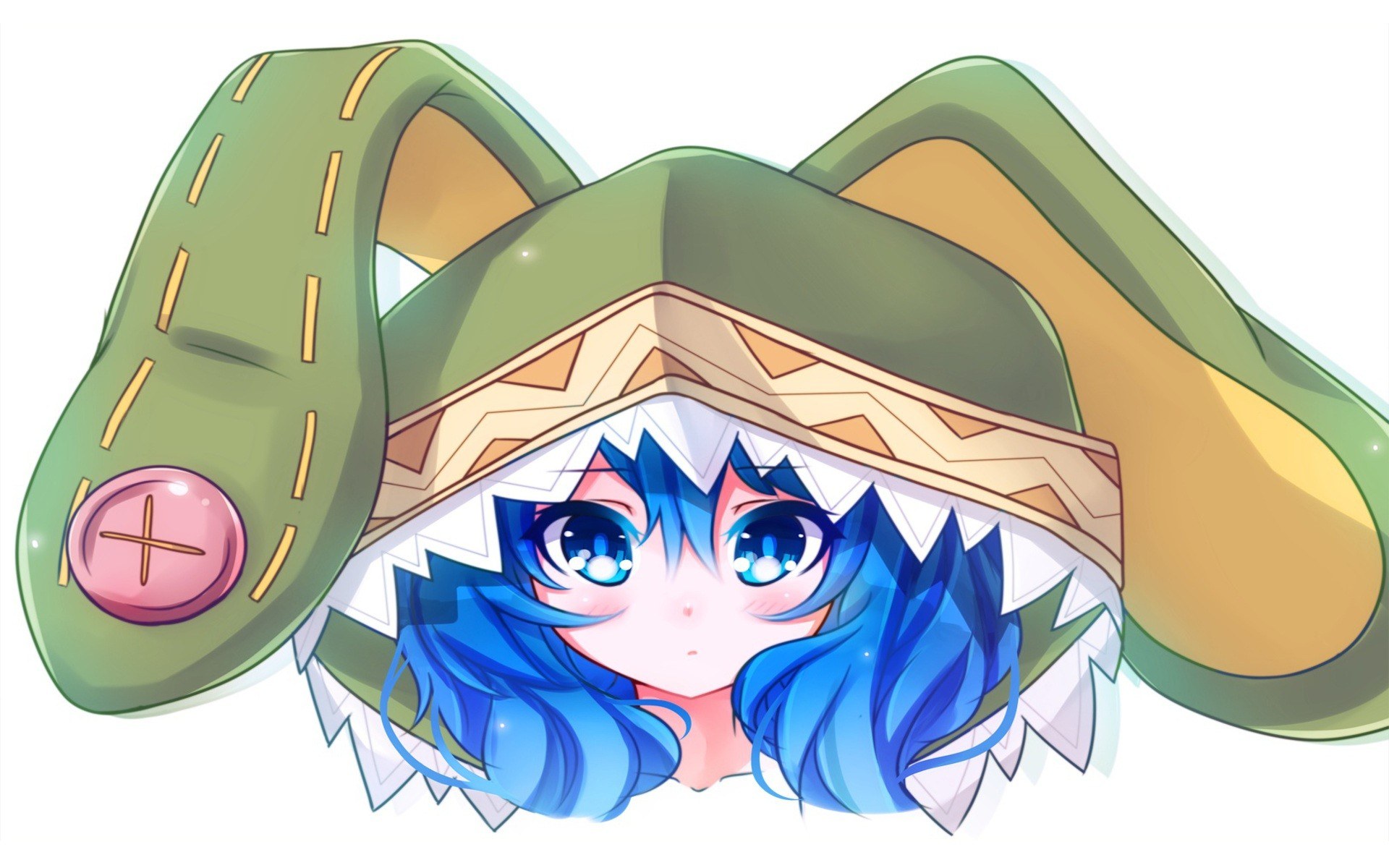 blue-haired anime character with hat