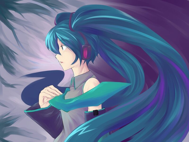 blue-haired anime character with headphones