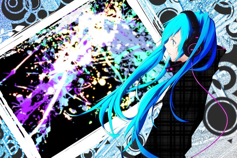 blue-haired anime character with headphones