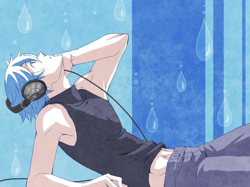 Blue-haired anime character with headphones