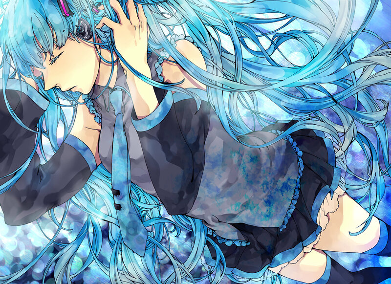 blue-haired anime character with headphones