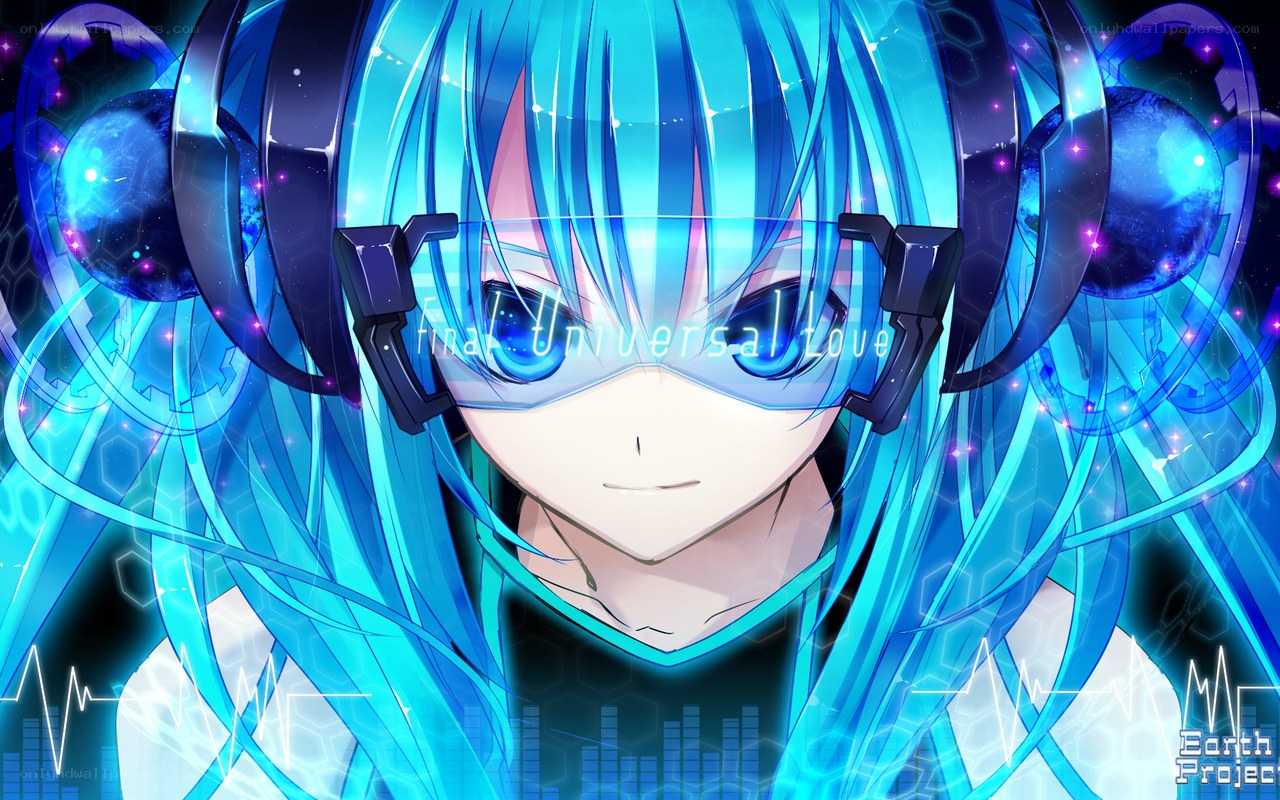 blue-haired anime character with headphones