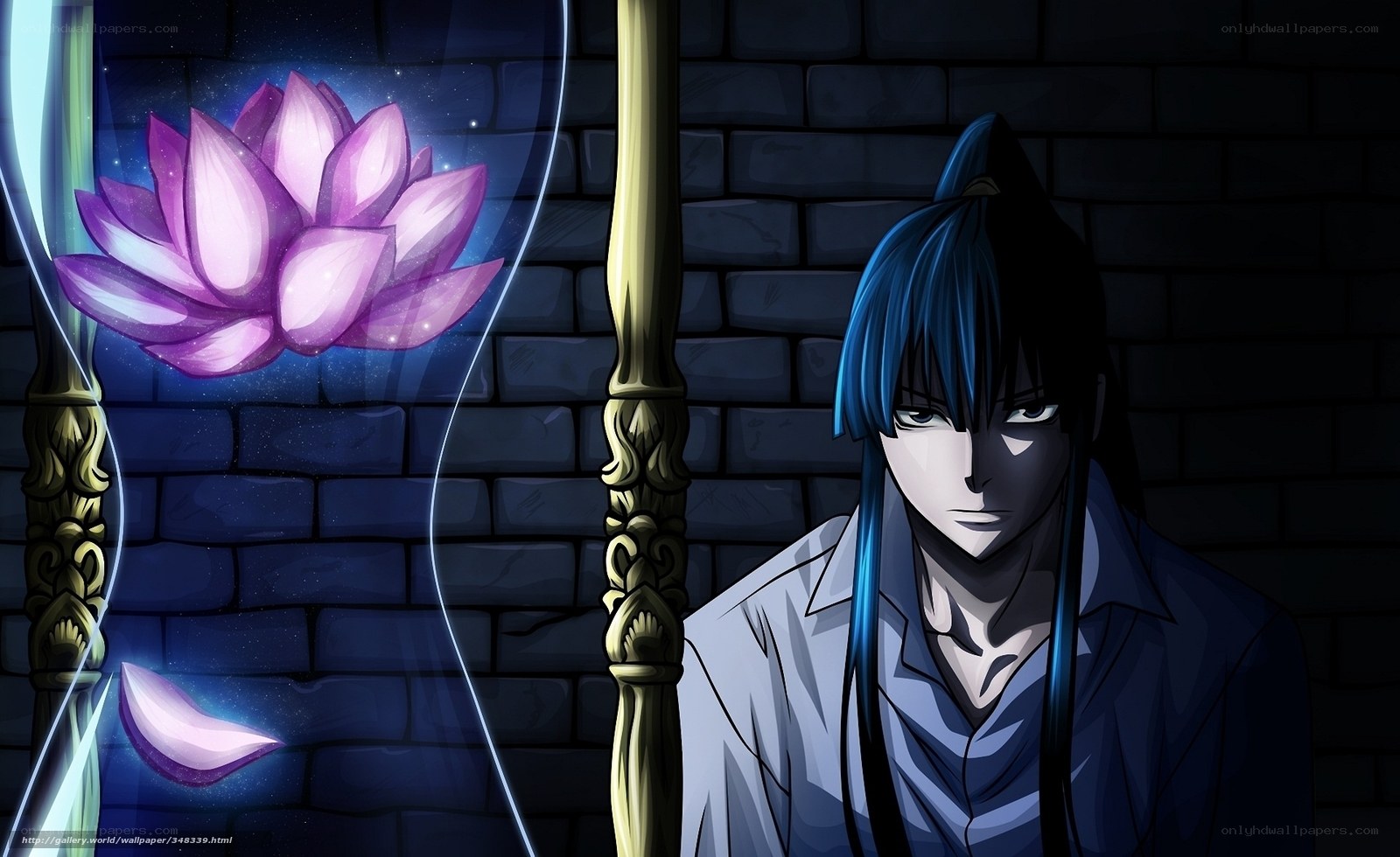 blue-haired anime character with lotus