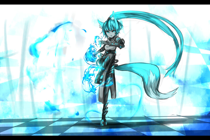 blue-haired anime character with magic