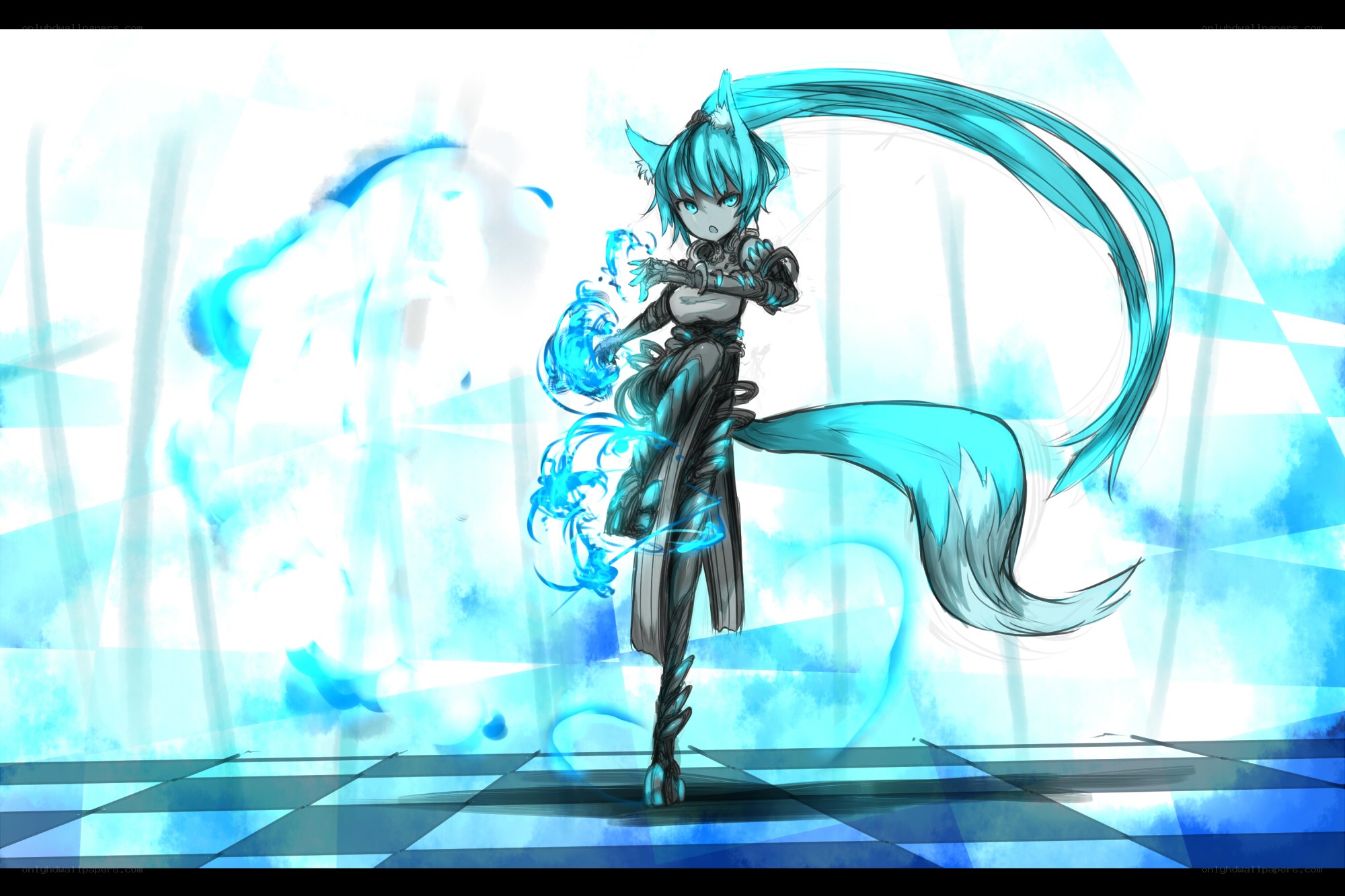 blue-haired anime character with magic