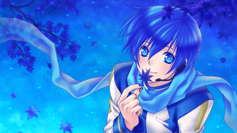 blue-haired anime character with maple leaf