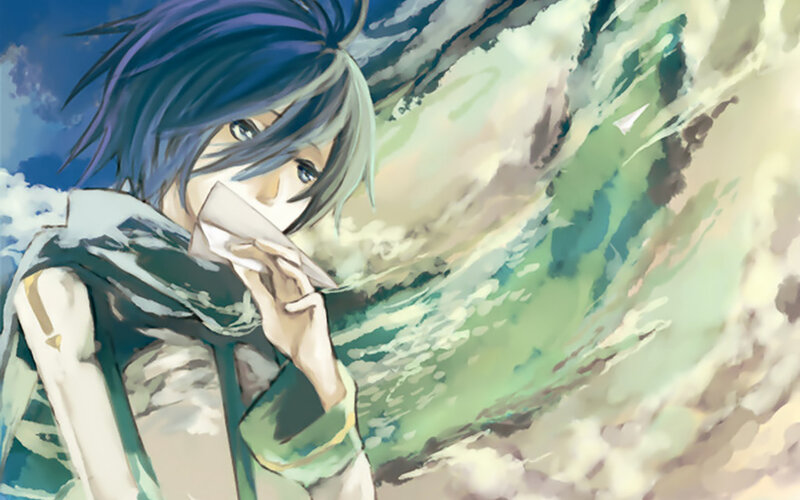 blue-haired anime character with paper airplane