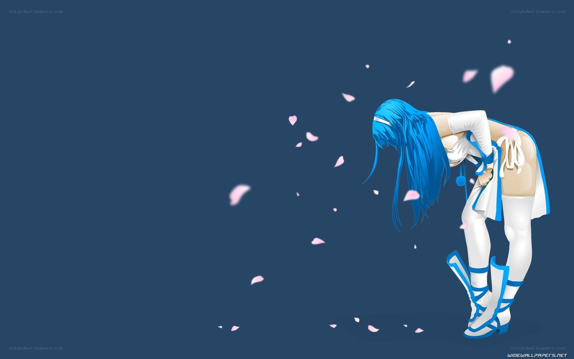 blue-haired anime character with petals