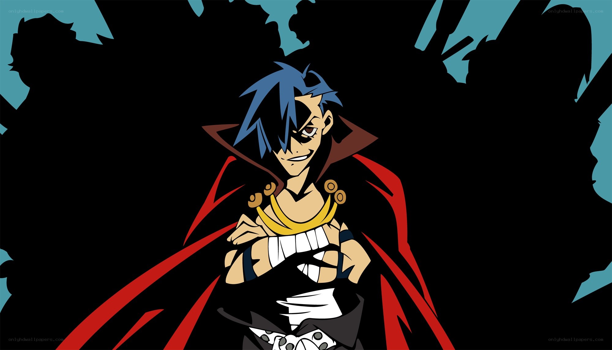 blue-haired anime character with red cape