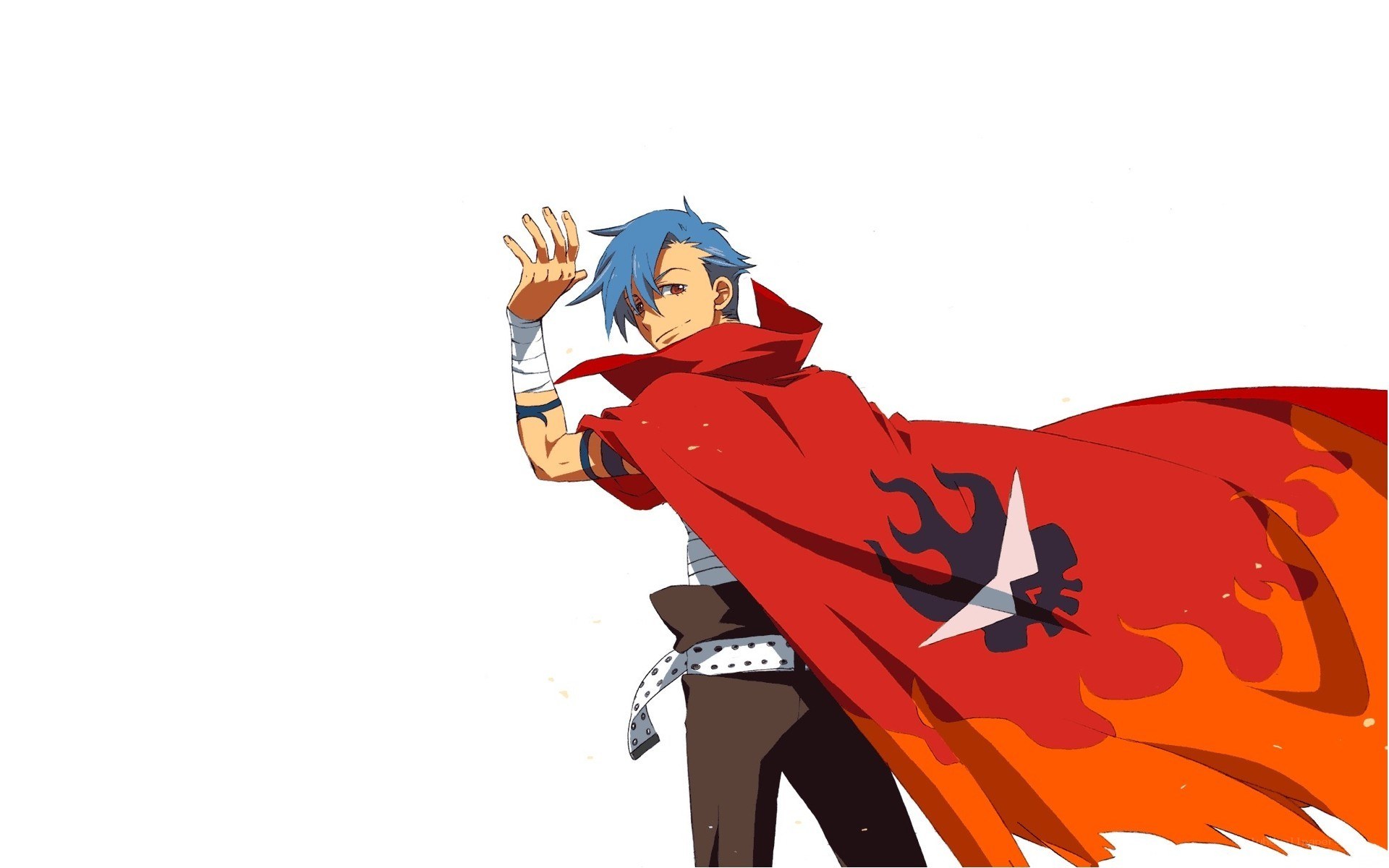 blue-haired anime character with red cape