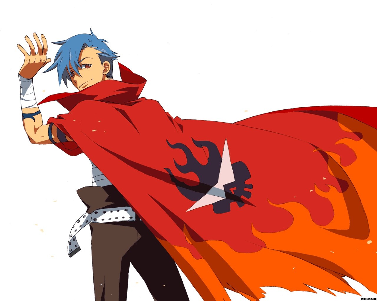 blue-haired anime character with red cape