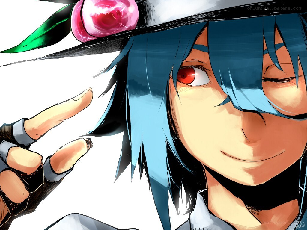 blue-haired anime character with red eye