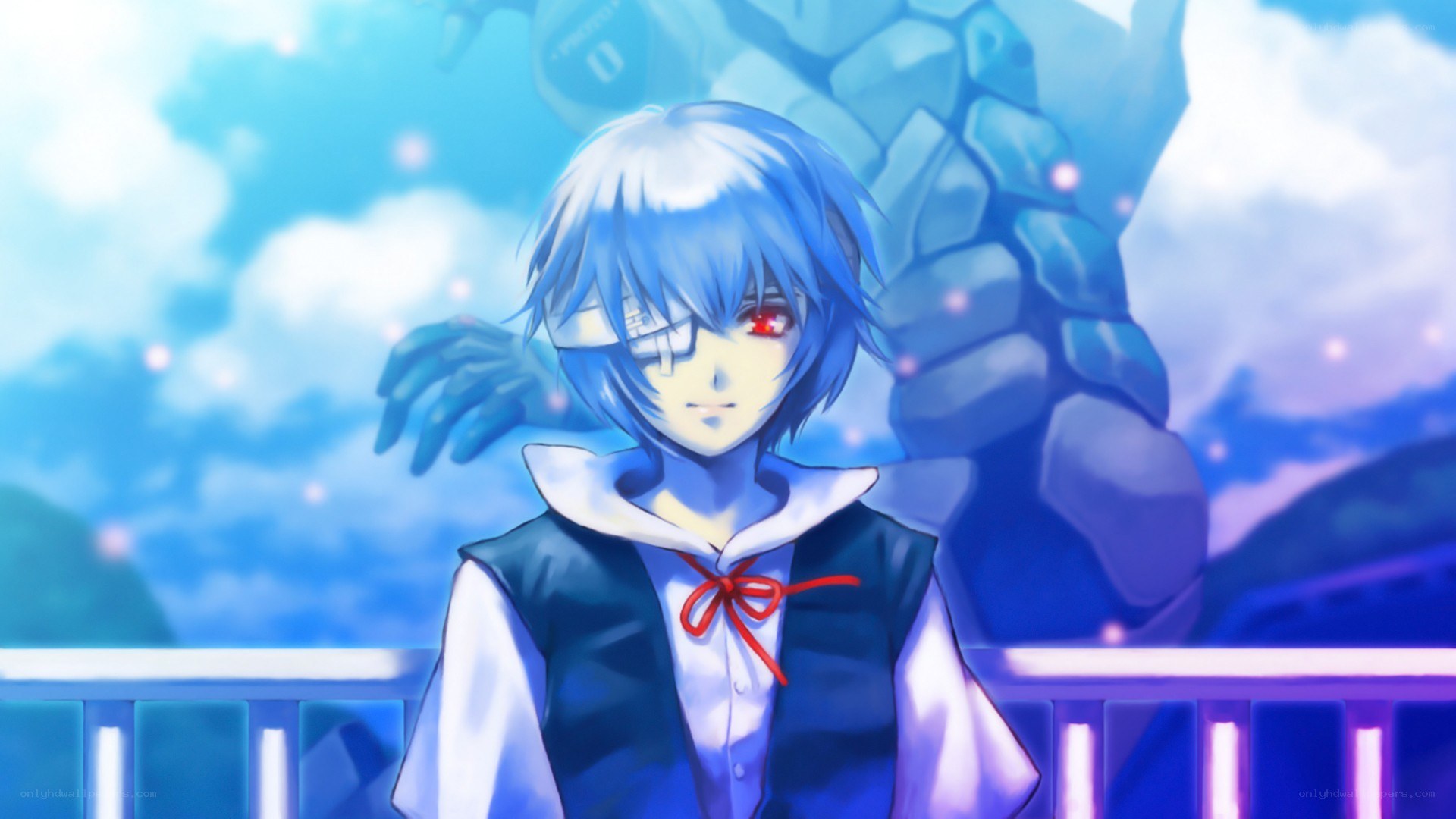 blue-haired anime character with red eye