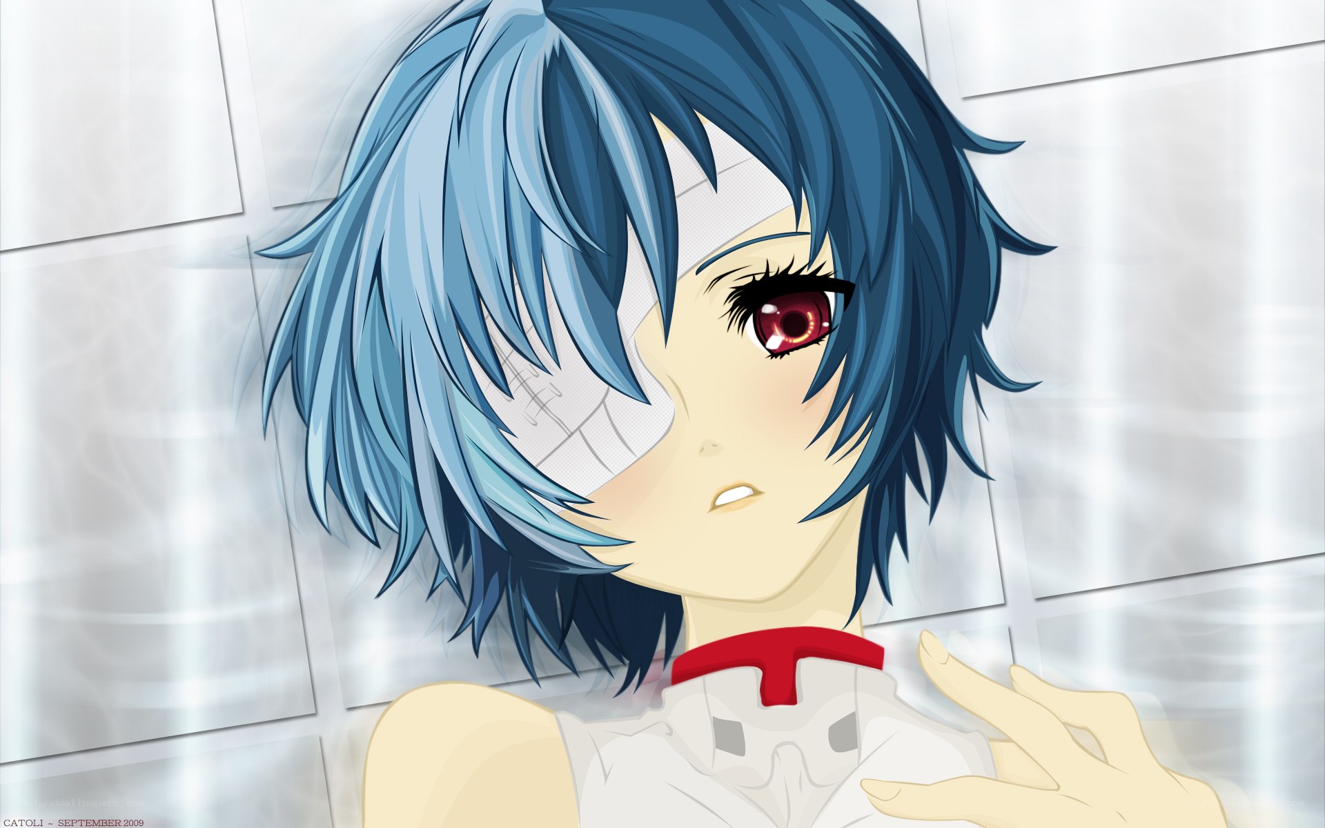 Blue-haired anime character with red eye