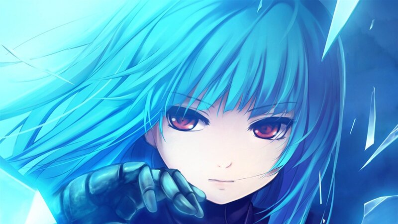 blue-haired anime character with red eyes
