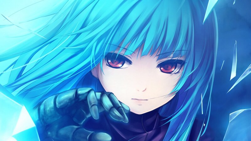 blue-haired anime character with red eyes