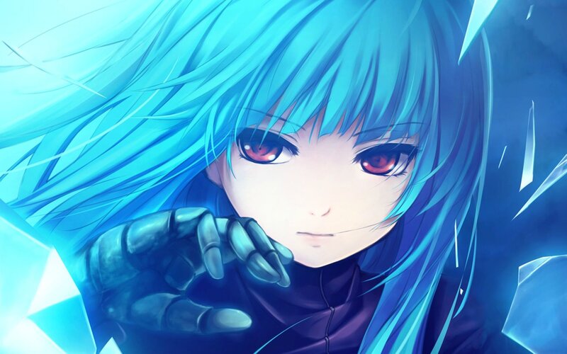 blue-haired anime character with red eyes