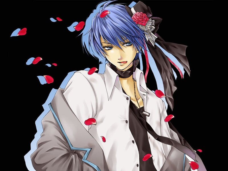 blue-haired anime character with rose petals