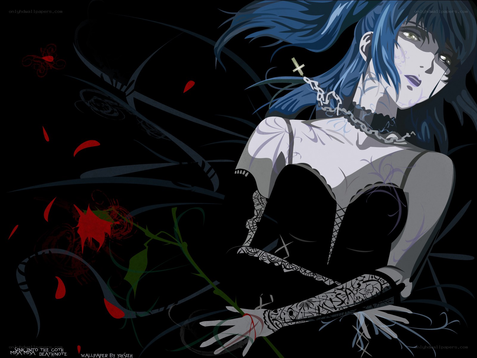 Blue-haired anime character with rose