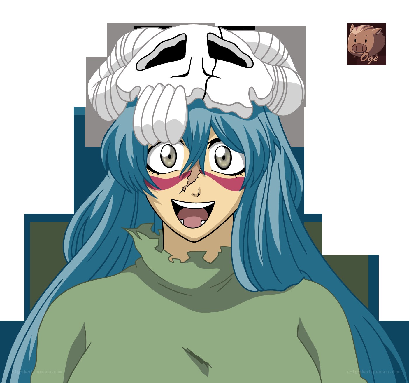 Blue-haired anime character with skull mask