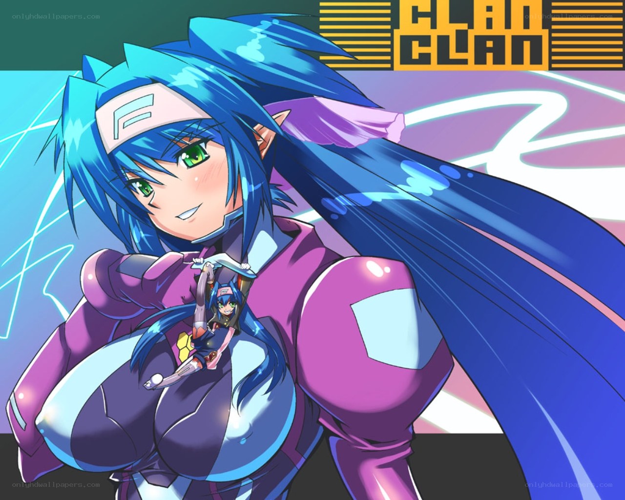 Blue-haired anime character with small companion
