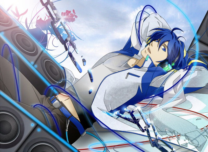 Blue-haired anime character with speakers
