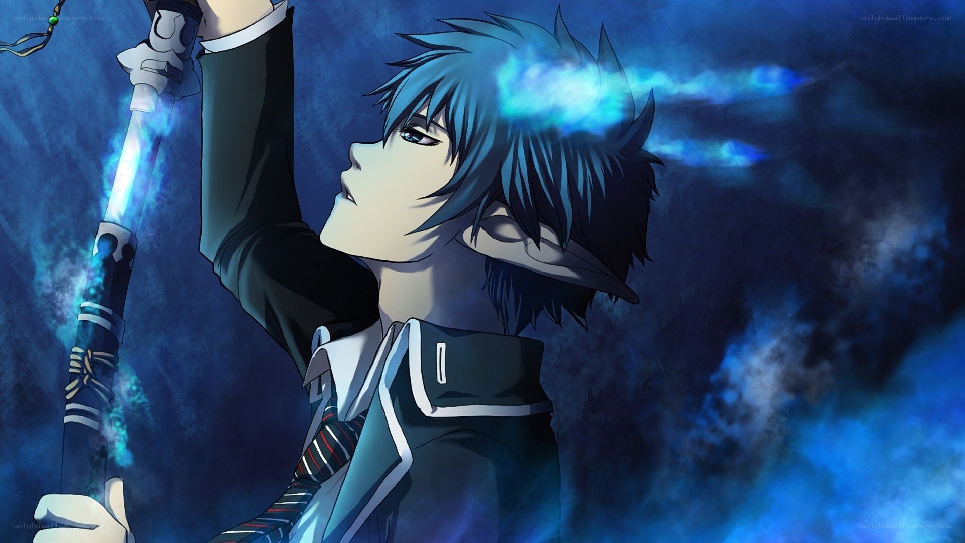 blue-haired anime character with staff