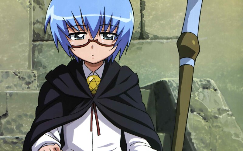 blue-haired anime character with staff