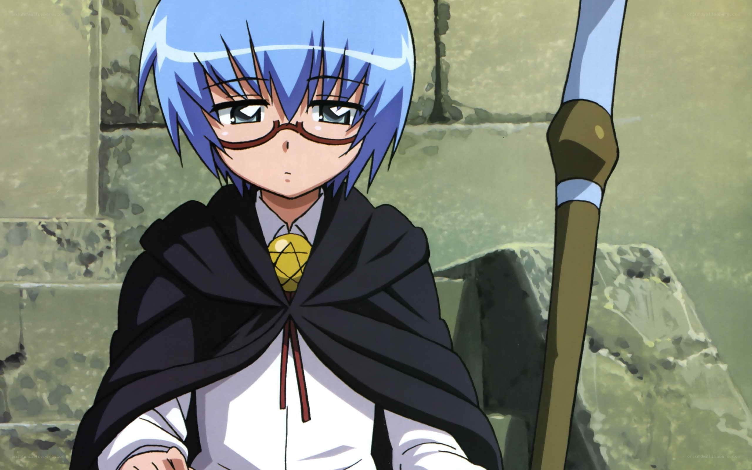 blue-haired anime character with staff