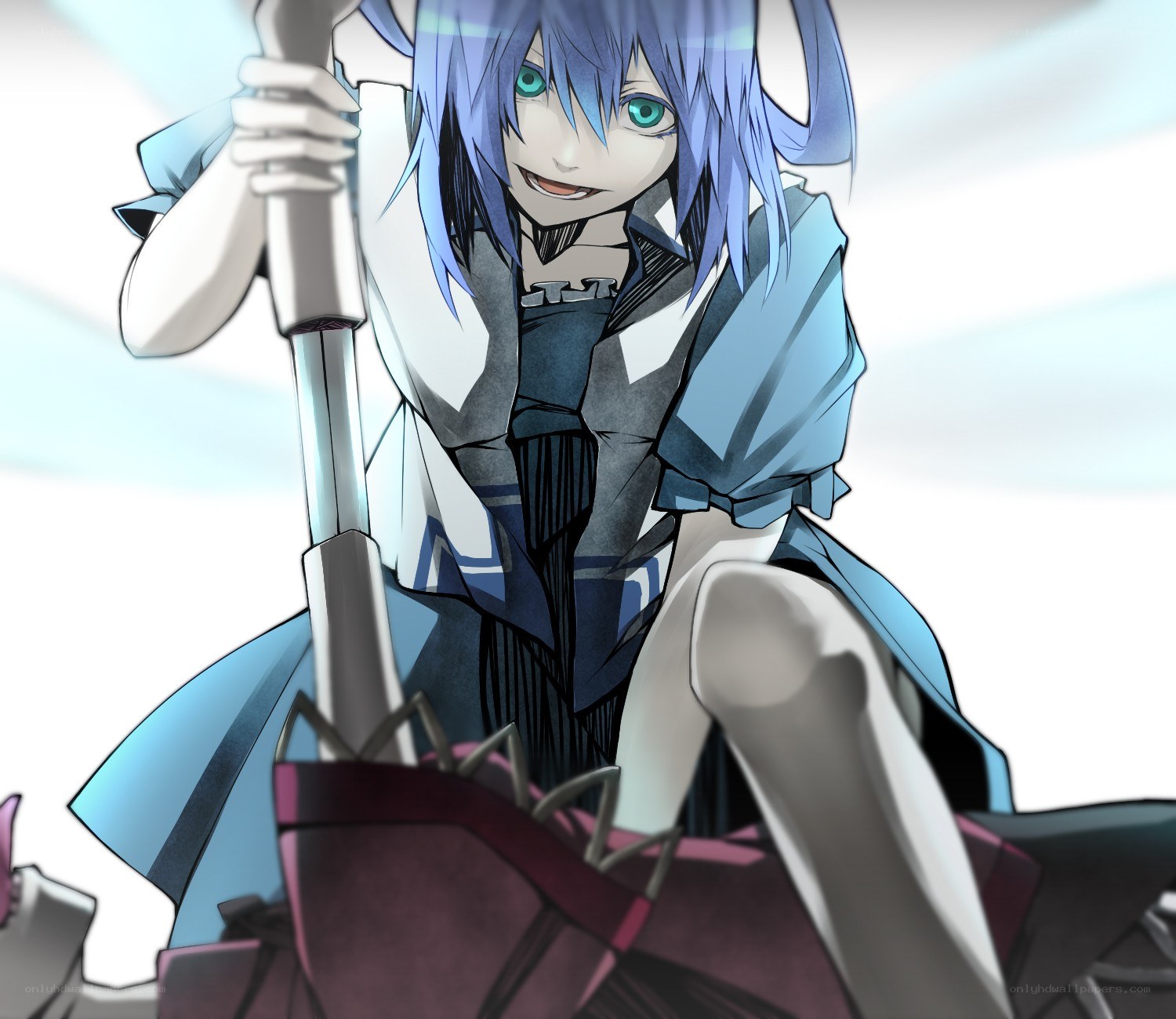 blue-haired anime character with sword
