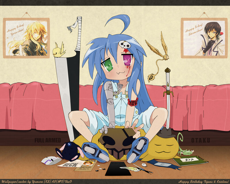 Blue-haired anime character with swords
