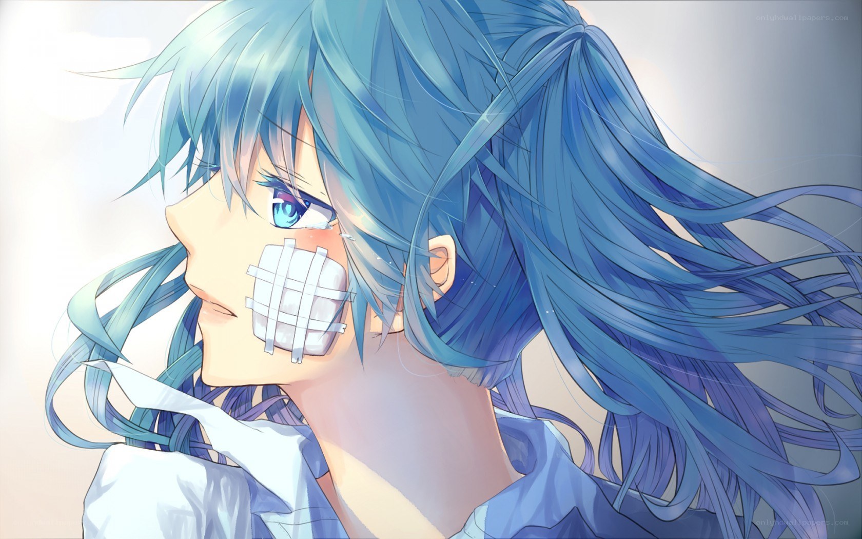 blue-haired anime character with tape