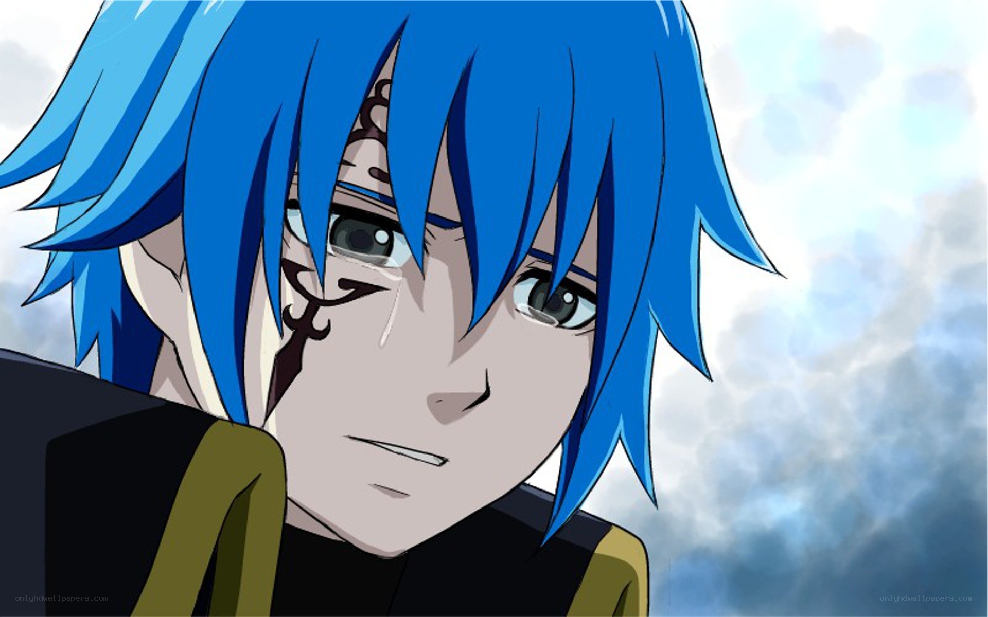 blue-haired anime character with tear