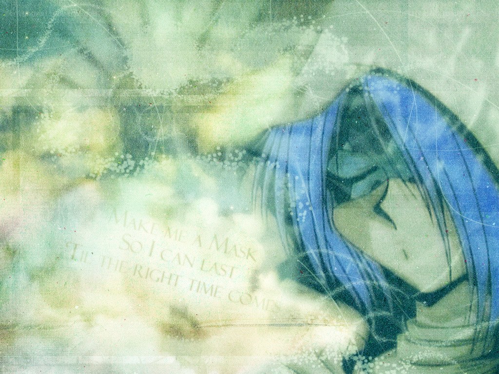 blue-haired anime character with text