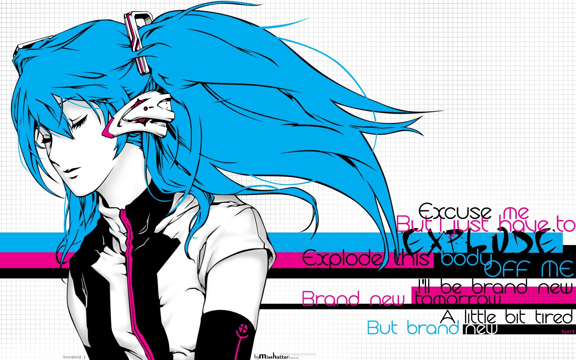 Blue-haired anime character with text