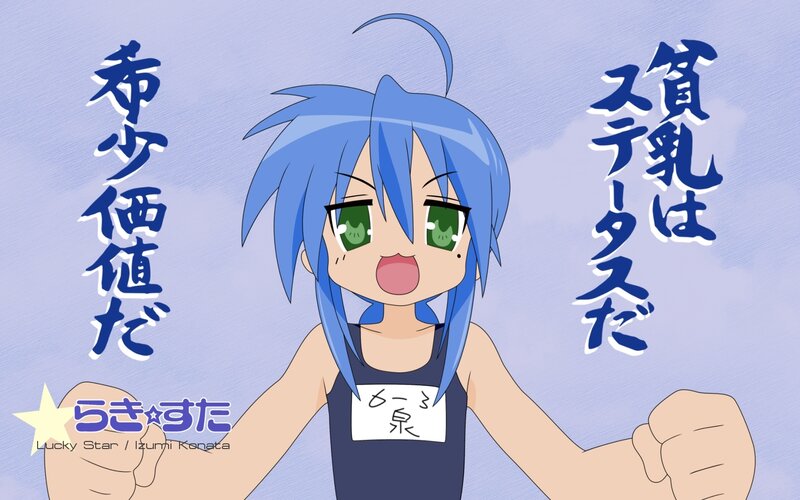 Blue-haired anime character with text