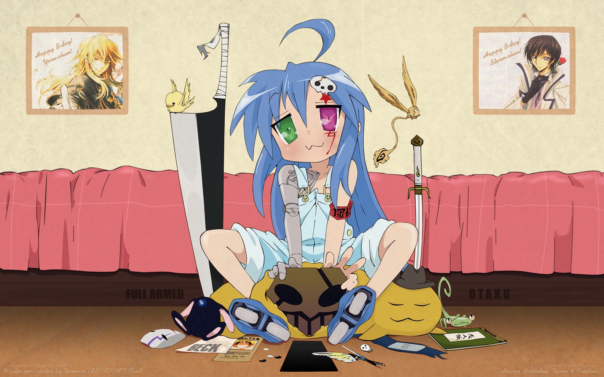 Blue-haired anime character with weapons