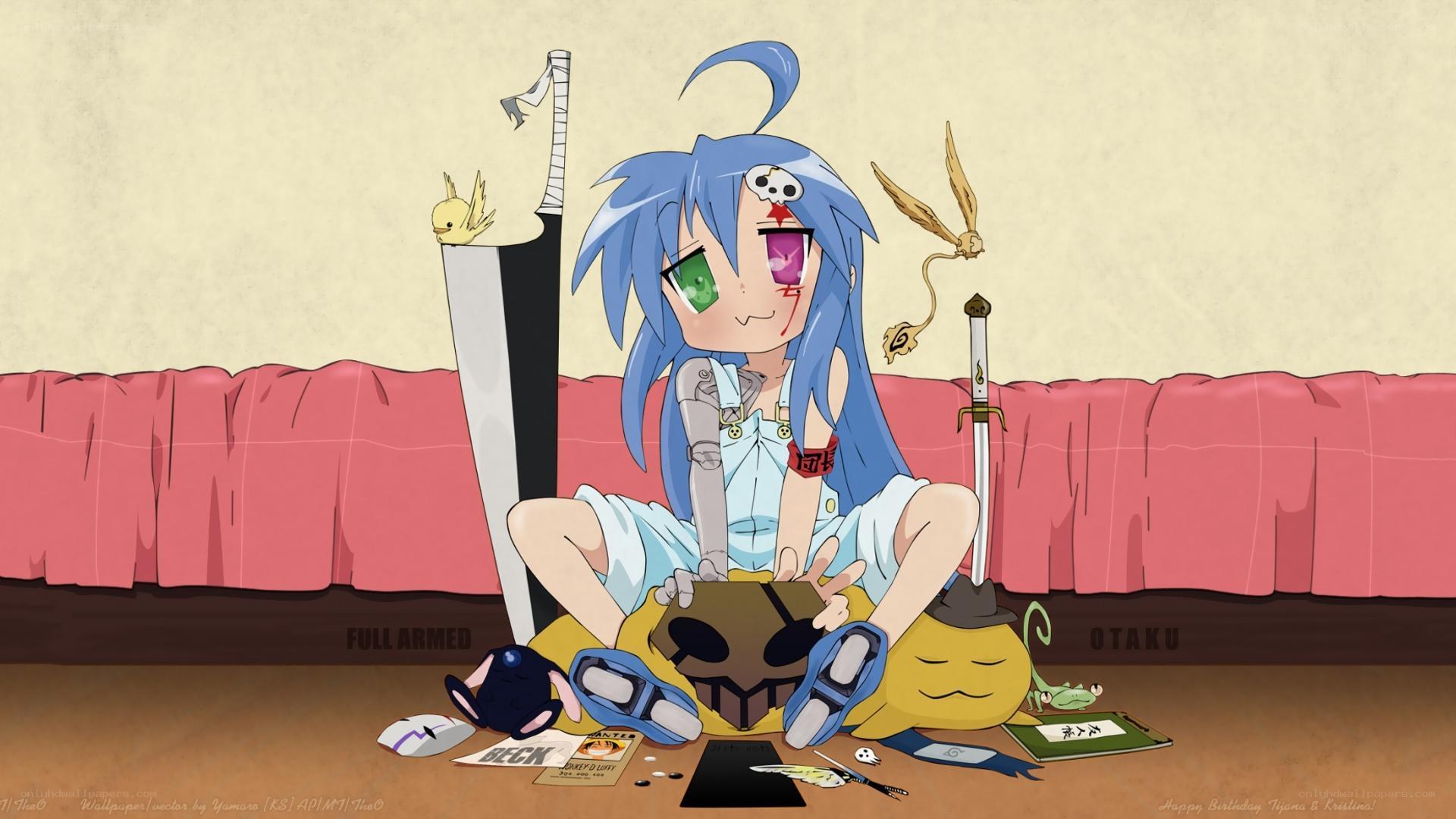 Blue-haired anime character with weapons