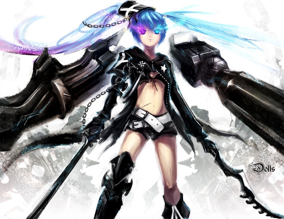 blue-haired anime character with weapons
