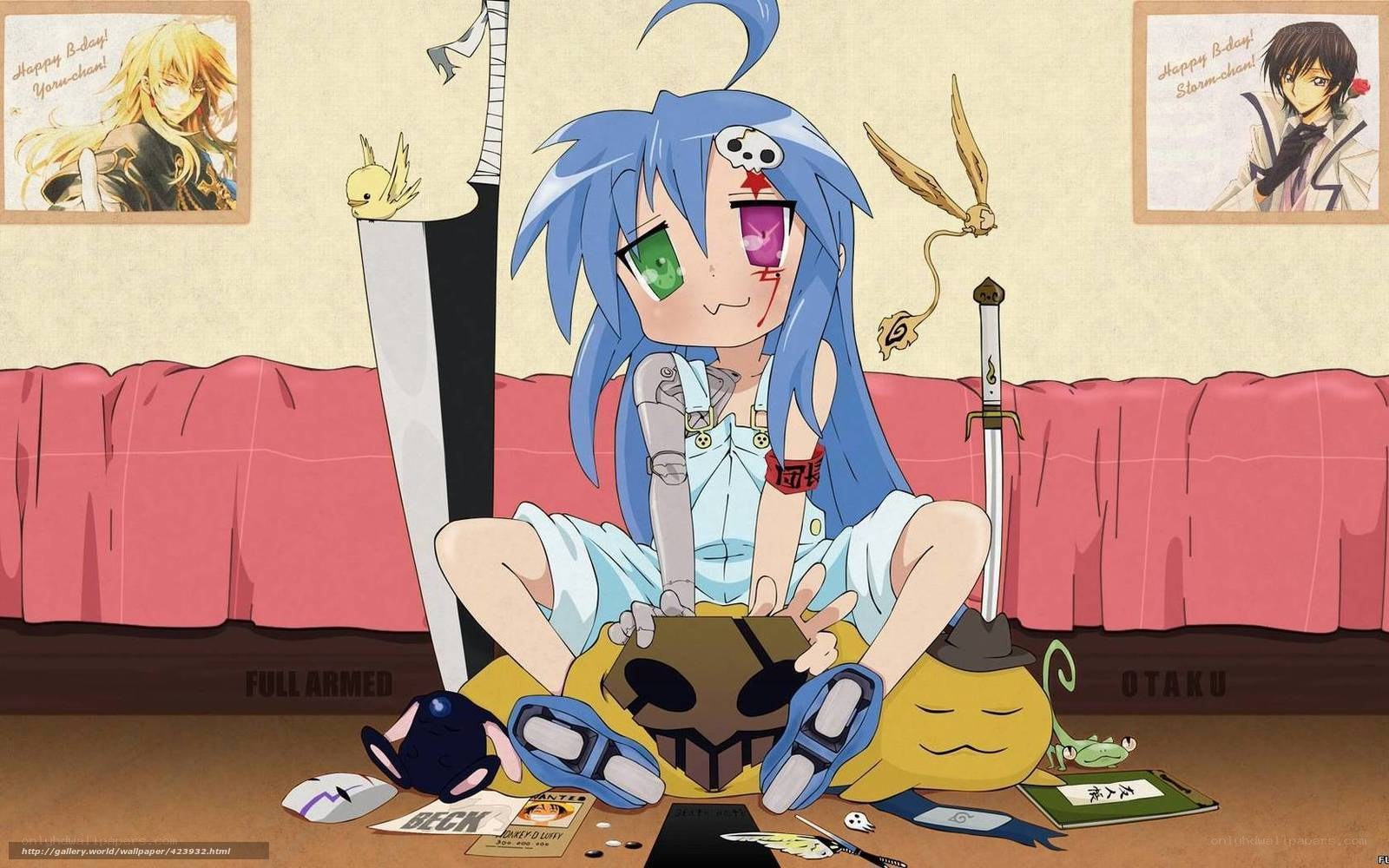 Blue-haired anime character with weapons