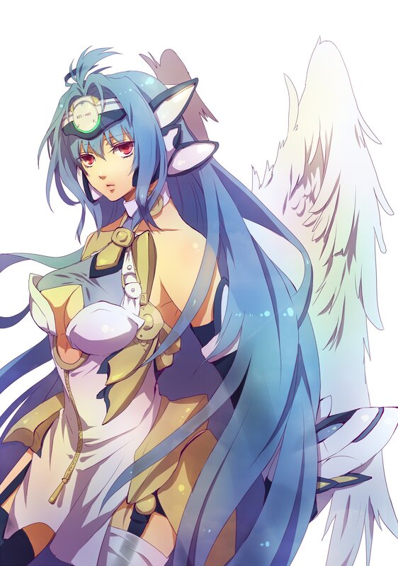 blue-haired anime character with wings
