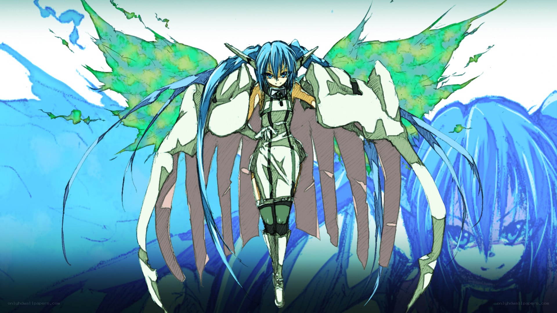 blue-haired anime character with wings