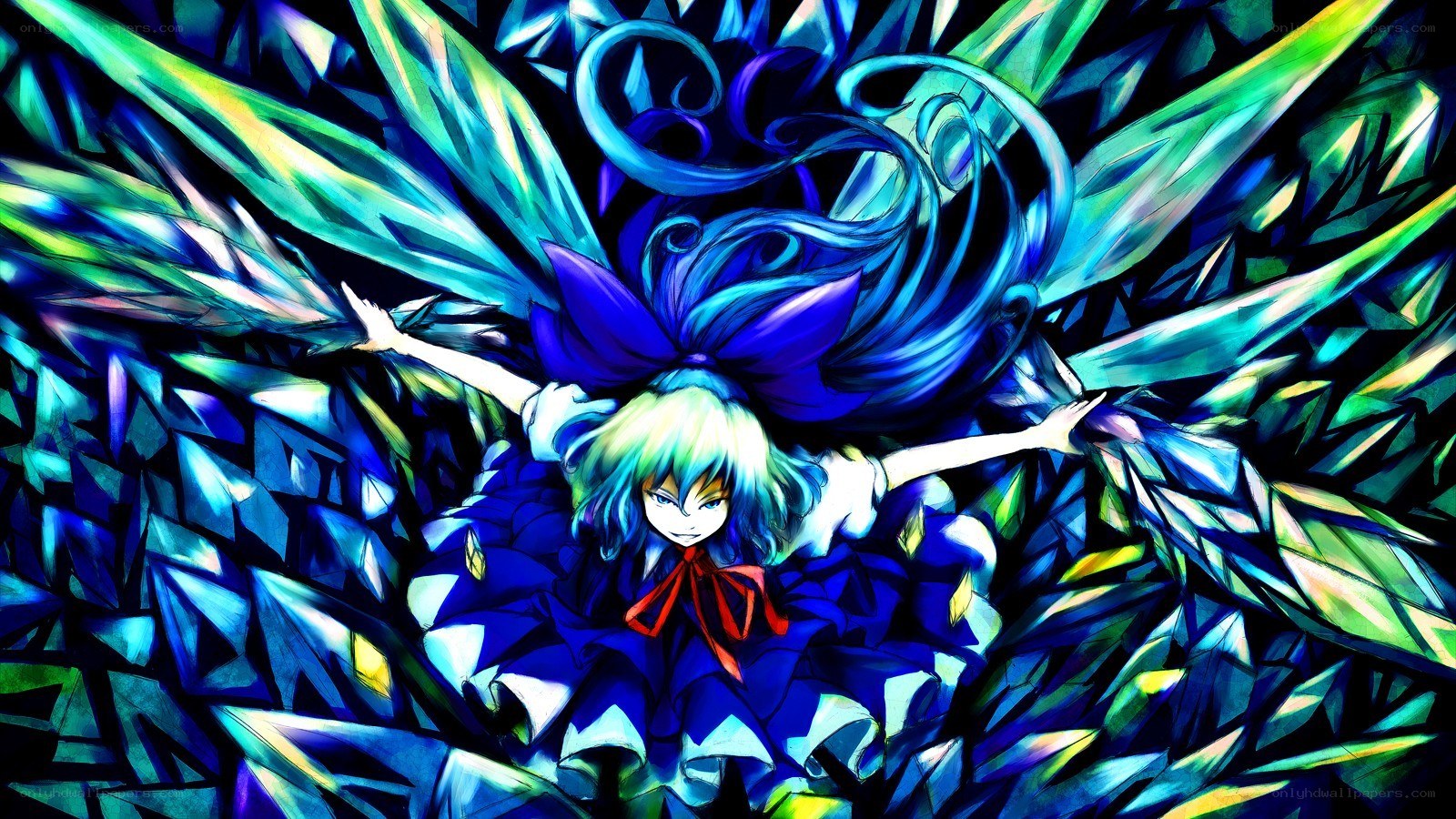 blue-haired anime character with wings