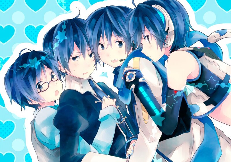 Blue-haired anime characters hugging