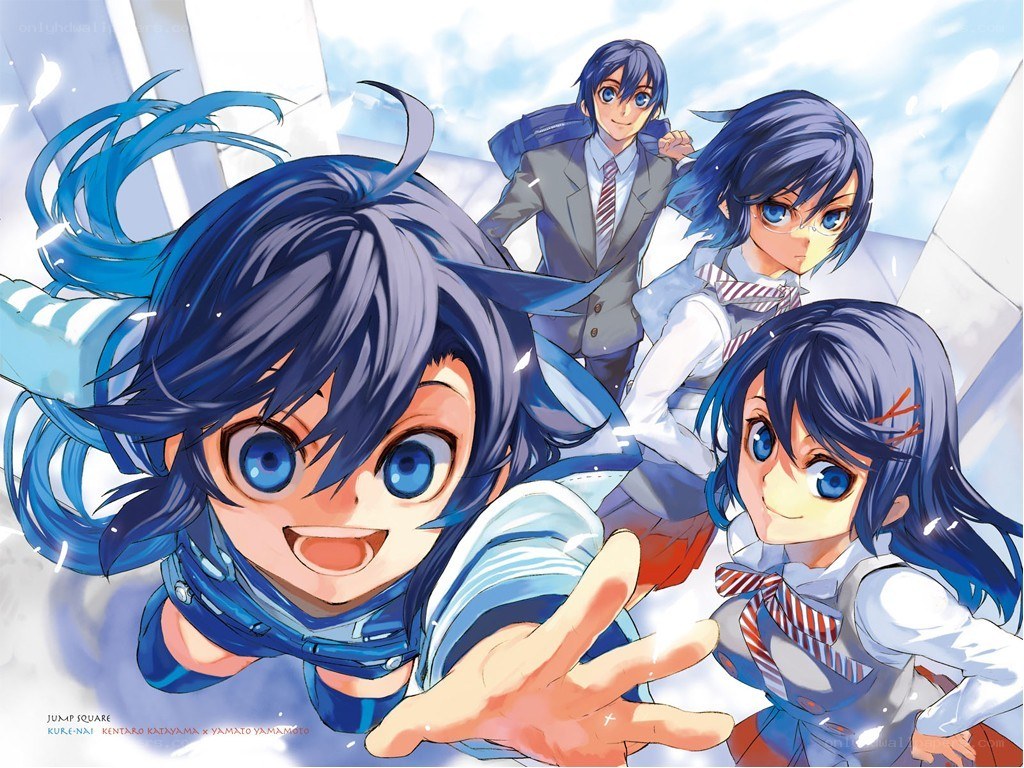 Blue-haired anime characters in school uniforms
