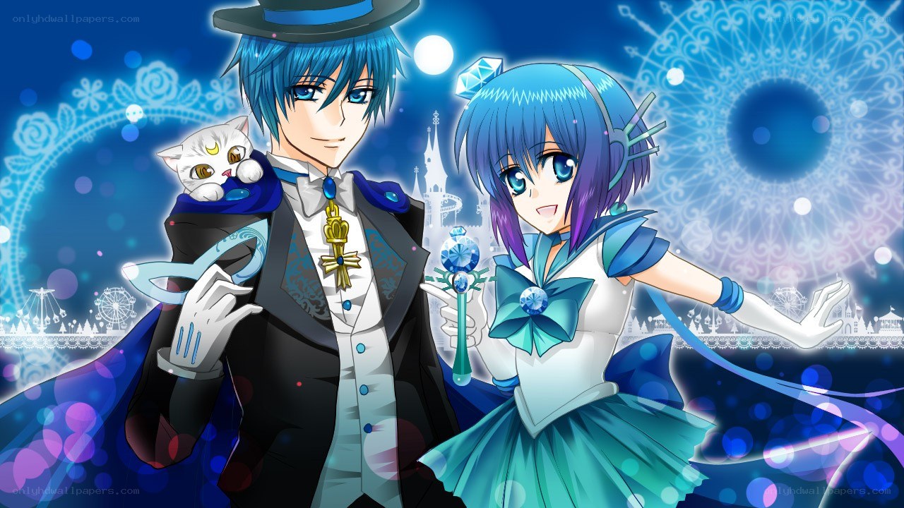 blue-haired anime couple with cat