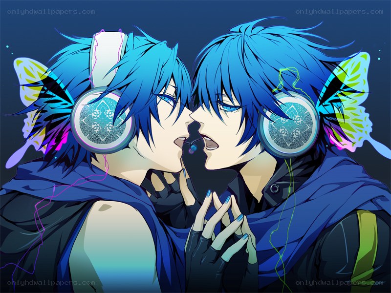 Blue-haired anime duo with headphones