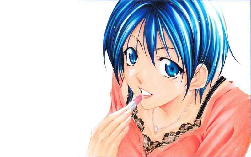 blue-haired anime girl applying lipstick